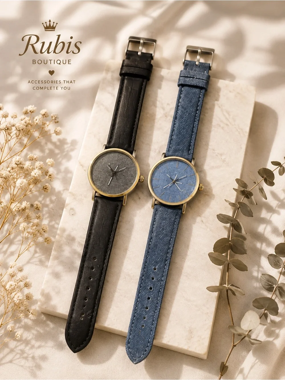 Women's Black and Blue Leather Strap Watches - Set of 2